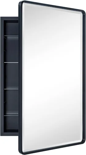 Vista 14 de TEHOME Botiquín de baño empotrado con marco de metal dorado cepillado con espejo rectangular redondeado con espejo biselado de 16 x 24 pulgadas