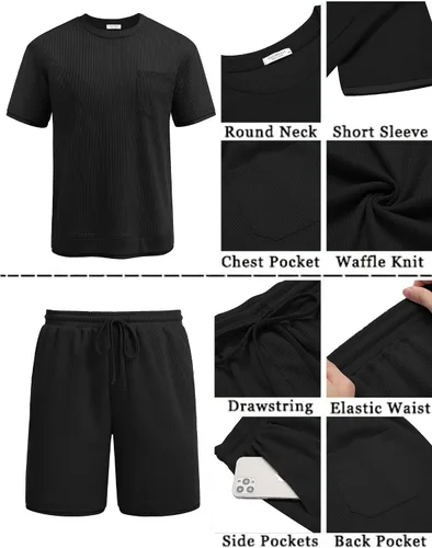 Vista 42 de COOFANDY Conjunto de camisa y pantalones cortos de gofre para hombre, conjunto de 2 piezas, conjunto casual de verano con bolsillos