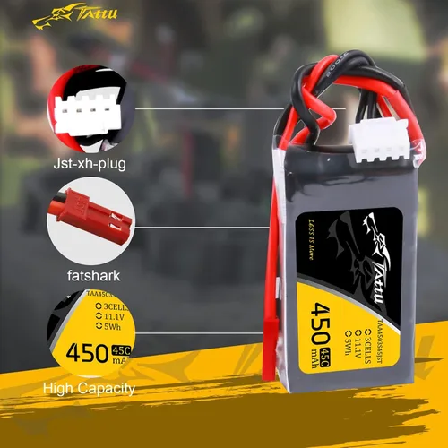 Vista 3 de TATTU Batería LiPo de 11.1V 450mAh 3S 45C con enchufe JST (2 piezas)