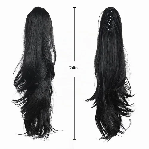 Vista 4 de Extensión de cola de caballo, extensiones de cabello negro de 24 pulgadas, extensión de cola de caballo con clip de garra para mujer, pieza