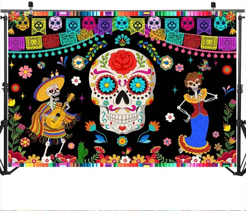 Vista 3 de Mocsicka Telón de fondo del Día de los Muertos, decoraciones de fiesta mexicana, calavera de azúcar, Día de Los Muertos, suministros para fiestas