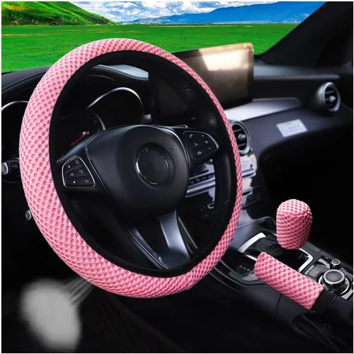 Vista 13 de Bittwee 3 piezas, juego de cubiertas para volante de auto de 15 pulgadas, cubierta para apoyabrazos, cubierta para palanca de cambios, de microfibra