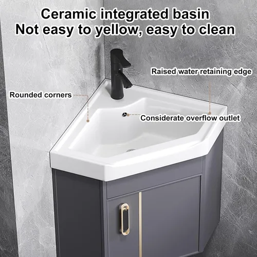 Vista 4 de Armario de tocador de baño de esquina con fregadero y armario con espejo LED, mueble de tocador de esquina con lavabo, armario de lavabo de baño
