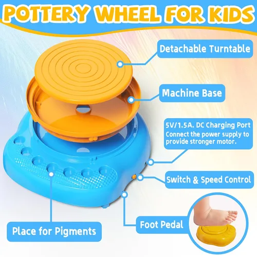Vista 4 de Vinkp Rueda de cerámica para niños, kit completo de pintura de cerámica, artes y manualidades para niños de 8 a 12 años con arcilla seca al aire