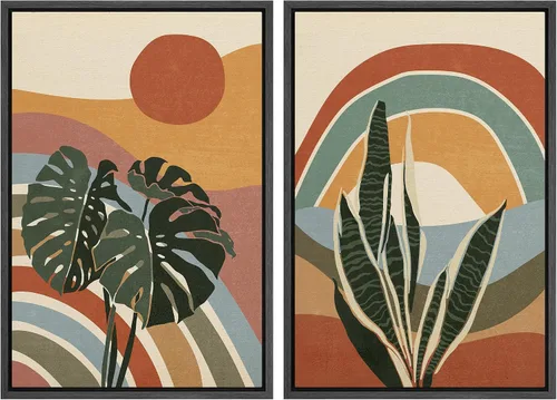 Vista 110 de SIGNFORD Lienzo enmarcado para pared, juego de arte geométrico retro de mediados de siglo, plantas forestales, ilustraciones con formas abstractas