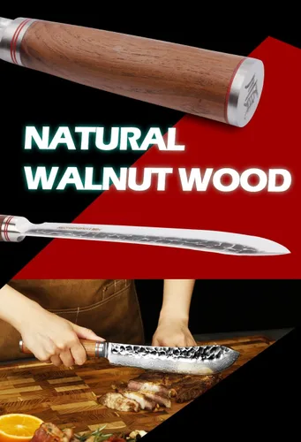Vista 6 de YOUSUNLONG Cuchillo de carnicero japonés martillado de acero de Damasco de 8 pulgadas, mango de madera de nogal natural
