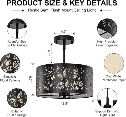 Vista 6 de Lámpara de techo semiempotrada, lámpara de techo rústica de metal de pergamino blanco con diseño de mariposa, candelabros negros industriales de 3