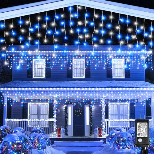 Vista 12 de Luces de carámbano para exteriores, 16.5 pies, 200 luces LED de Navidad para exteriores, impermeables, 8 modos de enchufe, cortina de luz conectable