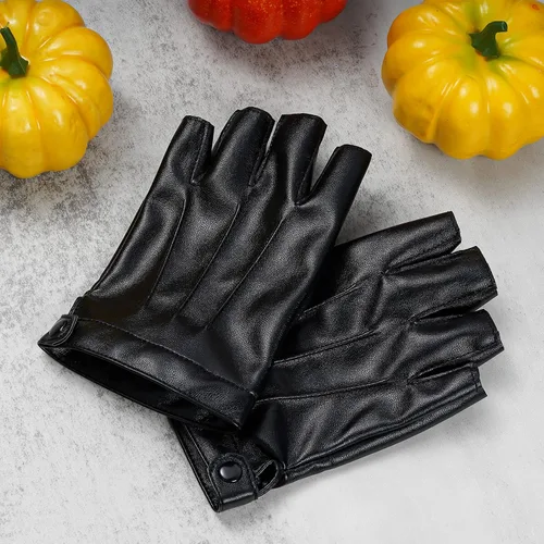 Vista 6 de Guantes de piel sintética sin dedos, guantes deportivos de medio dedo para deportes al aire libre, guantes punk de motociclista negros para mujeres