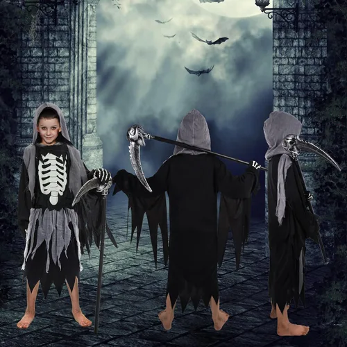 Vista 4 de Neragron Disfraz de la parca para niños y adultos, esqueleto que brilla en la oscuridad, disfraz de Halloween, guadaña con guantes incluidos