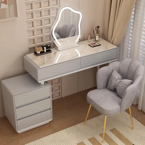 Vista 26 de Tocador con espejo con luces, mesa de tocador con cajones, mesa de maquillaje blanca, 3 modos de iluminación de brillo ajustable, para dormitorio