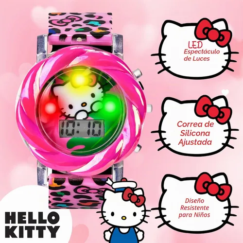 Vista 3 de Reloj LCD Hello Kitty para niñas con luz LED intermitente - Correa rosa vívida, diseño icónico de Hello Kitty, accesorio divertido para enseñar