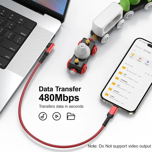 Vista 4 de Cable corto USB C a USB C de 60 W (1 pie, paquete de 3), cable USB-C trenzado de nailon de carga rápida en ángulo recto, cable de carga C de 90 Rojo