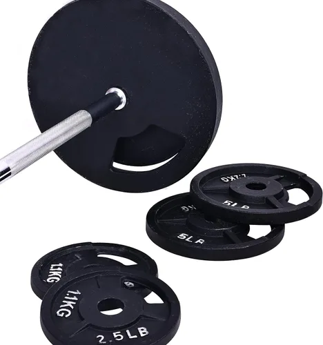 Vista 3 de Fitvids Placas de peso estándar de hierro fundido que incluyen barra estándar de 5 pies con cerraduras de estrella, juego de 95 libras