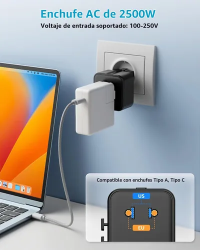Vista 2 de Adaptador de viaje universal "Air" 2500W Max AC, cubre más de 200 Negro