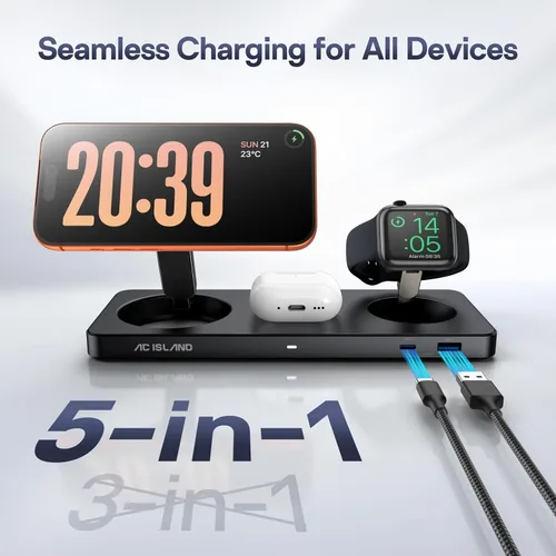 Vista 2 de AC ISLAND - Cargador inalámbrico 5 en 1 para MagSafe, soporte magnético Estación de carga de viaje Qi2.2 para iPhone 17-12 y Air Series, Apple Negro