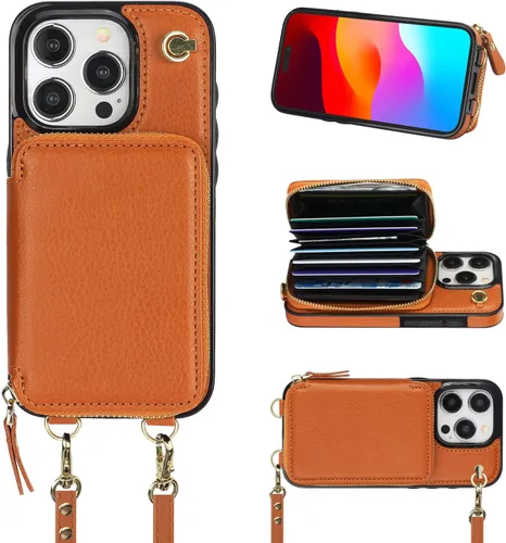 Vista 12 de Bocasal Funda tipo cartera cruzada para iPhone 15 Pro, funda de piel con bloqueo RFID y soporte para tarjetas, funda protectora con cremallera
