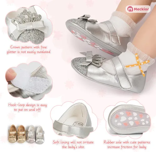Vista 5 de Meckior Zapatos deportivos para bebé y niñas, suela suave, con lazo, princesa, vestido de boda, Mary Jane, planos, para recién nacidos, ligeros