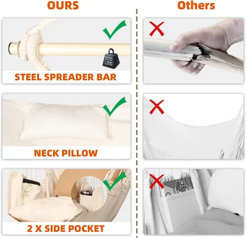 Vista 7 de Silla hamaca colgante con cuerda – Máximo 500 libras – 2 cojines y 1 almohada para el cuello incluida – Barra separadora de acero resistente