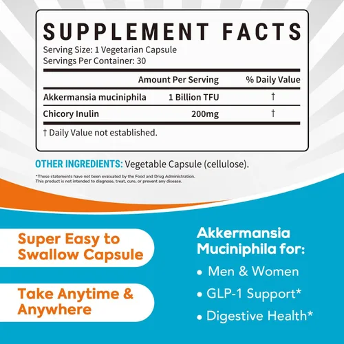 Vista 2 de Akkermansia Probiotic GLP-1, 1 mil millones de TFU, Akkermansia Muciniphila con inulina prebiótica, para hombres y mujeres, vegano, sin OMG, 30