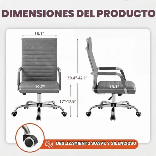 Vista 3 de Furmax Silla de escritorio de oficina acanalada con respaldo medio, silla ejecutiva de piel sintética, silla giratoria ajustable con brazos