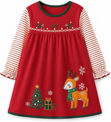 Vista 3 de HILEELANG Vestido de manga larga de algodón para niñas, vestido de otoño Gato Negro Largo