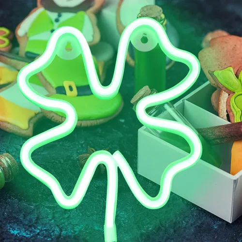Vista 3 de Letreros LED de neón con luces de trébol para decoración de pared, decoración del día de San Patricio, luz de trébol USB o alimentada por batería