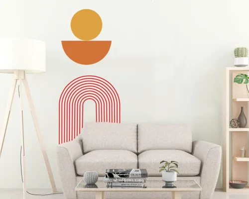 Vista 8 de Murales de arte de pared de arco bohemio grande, calcomanías modernas de terracota para dormitorio, sala de estar, oficina Círculo marrón