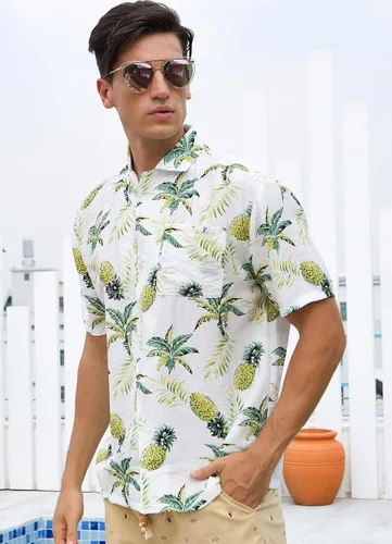 Vista 3 de Janmid Camisas hawaianas florales de manga corta con botones para hombre