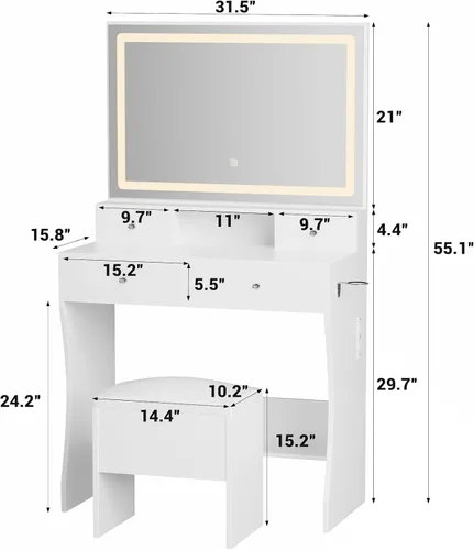 Vista 11 de Escritorio de maquillaje con espejo y luces, juego de mesa de tocador con 4 cajones de almacenamiento y estantes para espacios pequeños, tocador