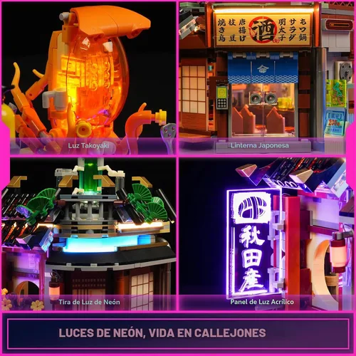 Vista 3 de FUNWHOLE Cyberpunk - Juego de iluminación japonesa Izakaya - Juego de ladrillos de construcción - Cyberpunk Neon City Future Pub Japanese Street