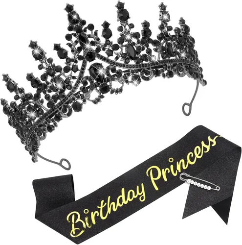 Vista 8 de CAVETEE Corona y banda de princesa de cumpleaños, corona de cumpleaños con banda de purpurina para decoraciones de fiesta de princesa, accesorios