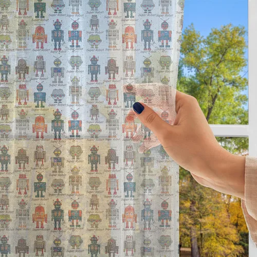 Vista 3 de Ambesonne Cortinas de tul robot con bolsillo para barra, varios juegos de súper robot diferentes en máquina futurista de fantasía de dibujos