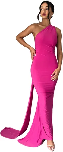 Vista 3 de Vestido largo sexy de un hombro descubierto para mujer, elegante, fruncido, sin mangas, con anillo en O, vestido de noche, vestido largo de cóctel