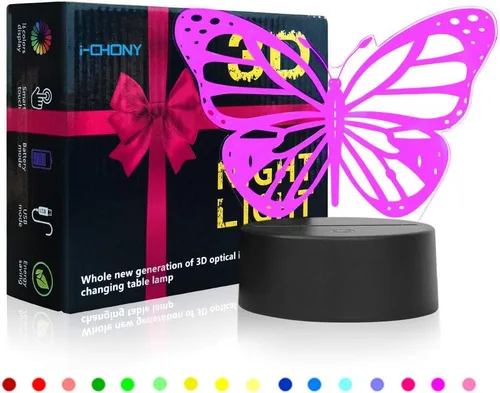 Vista 3 de i-CHONY - Luz Nocturna de Mariposa 3D, Regalo de Cumpleaños, Lámpara de Ilusión, 7 Colores que Cambian Automáticamente, Lámpara de Mesa o Escritorio