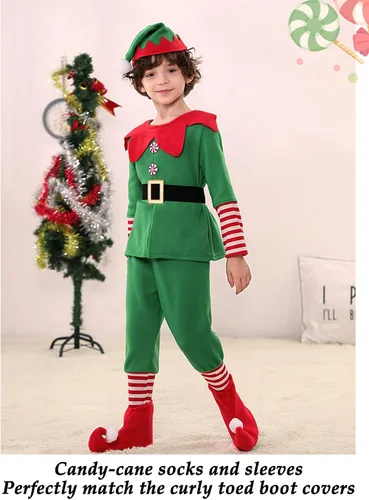 Vista 3 de TPMG Disfraz de elfo de Navidad para niños pequeños y niñas, ropa de vestir con sombrero, calcetines para botas