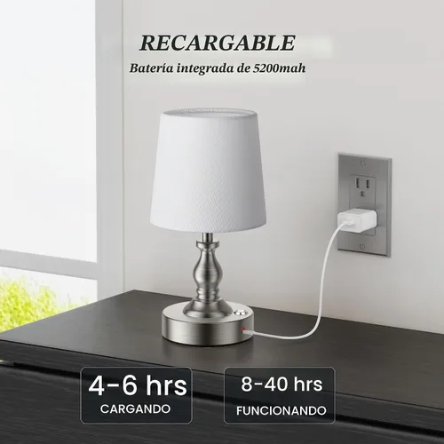 Vista 3 de PARTPHONER Mini lámpara de mesa LED inalámbrica, lámpara recargable con batería de 5200 mAh, lámpara operada por batería, 3 niveles de brillo