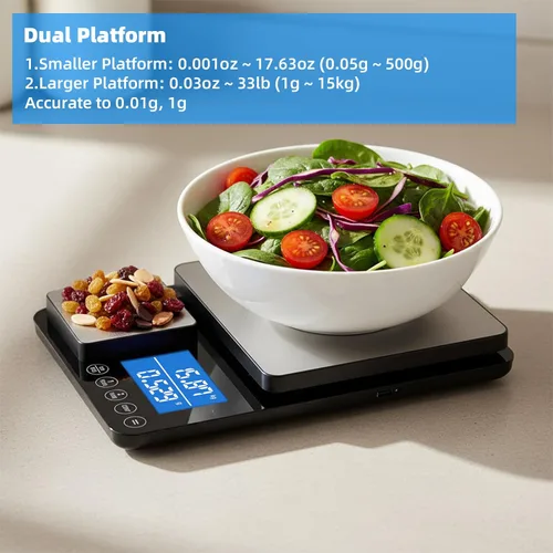 Vista 2 de Diyife - Báscula de cocina de doble plataforma de 0.001 oz/33 libras, báscula de alimentos de acero inoxidable de 9.4 pulgadas con dos precisiones