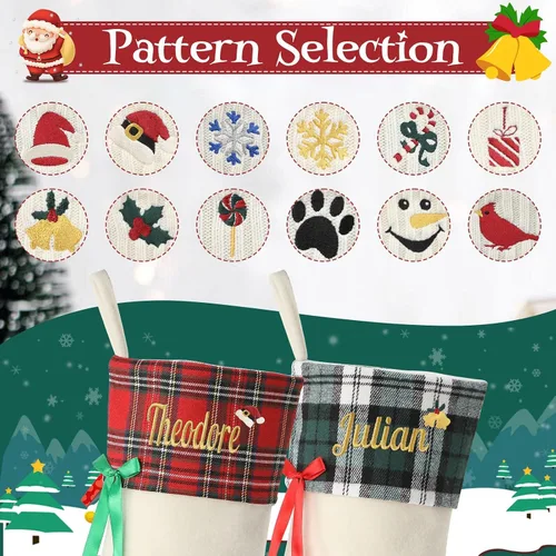 Vista 4 de 1 Pack Personalized Christmas Stockings for Kids,Custom Embroidered Name+Logo Pattern Burlap Plaid 3D Xmas Stockings 18'',Family Decoration 3d-04