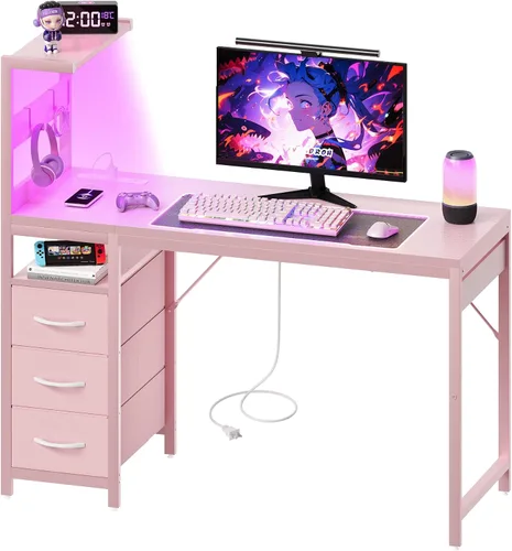 Vista 8 de YOUDENOVA Escritorio para computadora de juegos de 40 pulgadas con luces LED, escritorio pequeño con estantes y cajones de almacenamiento, mesa