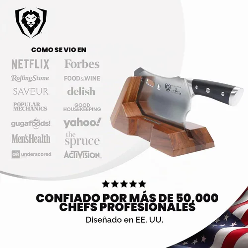 Vista 7 de Cuchillo Dalstrong Obliterator para carne y verduras - 9 pulgadas - Serie Gladiator R - Soporte de madera y funda protectora - Cortador de huesos