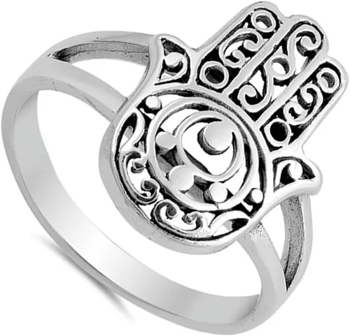 Vista 2 de Anillo Hamsa de la mano de Dios de filigrana de plata de ley 925 tamaños 5-10