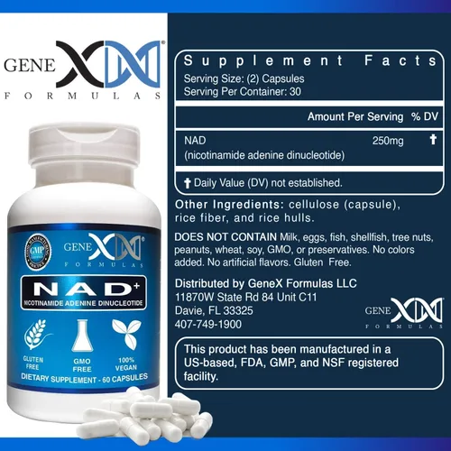 Vista 2 de Genex Formulas NAD+ 250mg porción 60 cápsulas de nicotinamida adenina dinucleótido (NAD+ real no es un precursor) (1)