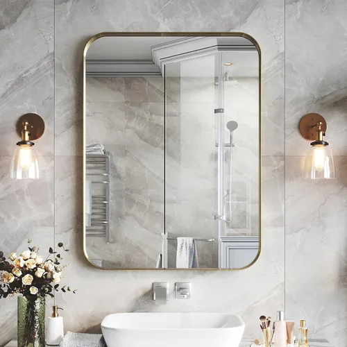 Vista 10 de Espejo de baño con marco de aleación de aluminio negro de 24 x 36 pulgadas, vidrio templado, espejo de baño rectangular redondeado, se cuelga