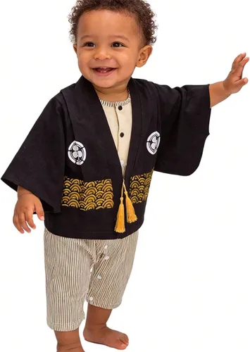 Vista 4 de Traje de kimono para bebé, traje japonés, trajes de algodón samurái para bebés Beige