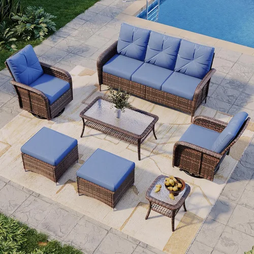 Vista 14 de Aoxun Juego de muebles de mimbre de ratán de 10 piezas con mesa para fogata Gris