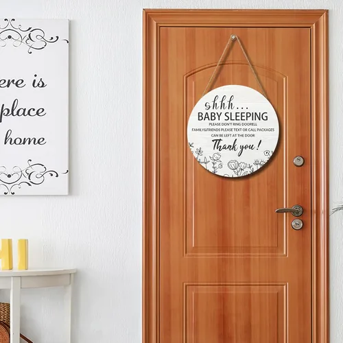 Vista 5 de Letrero de sueño de bebé para puerta delantera, de 12 x 12 pulgadas, con texto en inglés "Please Do Not Ring", colgador de puerta de madera