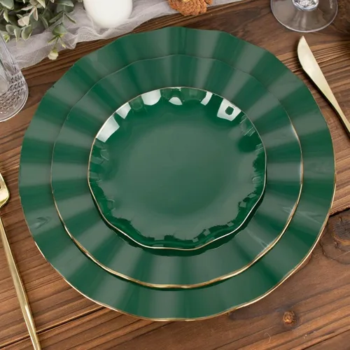 Vista 61 de Efavormart 10 Pack Platos redondos de plástico negro de 6" para postre y ensalada, platos desechables para aperitivos con borde ondulado dorado