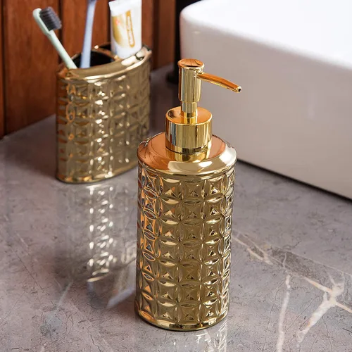 Vista 5 de Juego de accesorios de baño dorados, 4 piezas de cerámica para decoración de baño, incluye dispensador de loción, soporte para cepillos de dientes