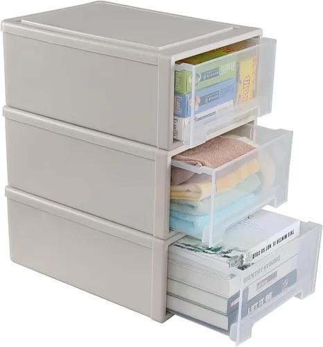 Vista 5 de Gloreen Cajón de almacenamiento de plástico de 18 L, cajas de cajones de escritorio apilables, paquete de 3